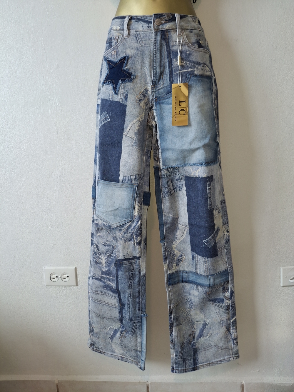 Patchwork Wide Leg Jeans in Light and Dark Blue
